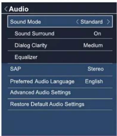 Sound Surround On Dialog Clarity Medium Equalizer SAP Stereo Preferred Audio Language English Advanced Audio Settings Restore Default Audio Settings