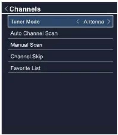 Auto Channel Scan Manual Scan Channel Skip Favorite List