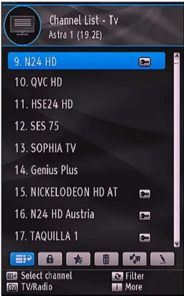 Channel List - Tv Astra 1 (19.2E) 9. N24 HD 10. QVC HD 11. HSE24 HD 12. SES 75 13. SOPHIA TV 14. Genius Plus 15. NICKELODEON HD AT 16. N24 HD Austria 17. TAQUILLA 1 Select channel TV/Radio Filter More
