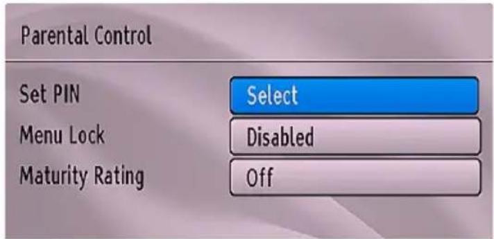 Parental Control Set PIN Select Menu Lock Disabled Maturity Rating Off