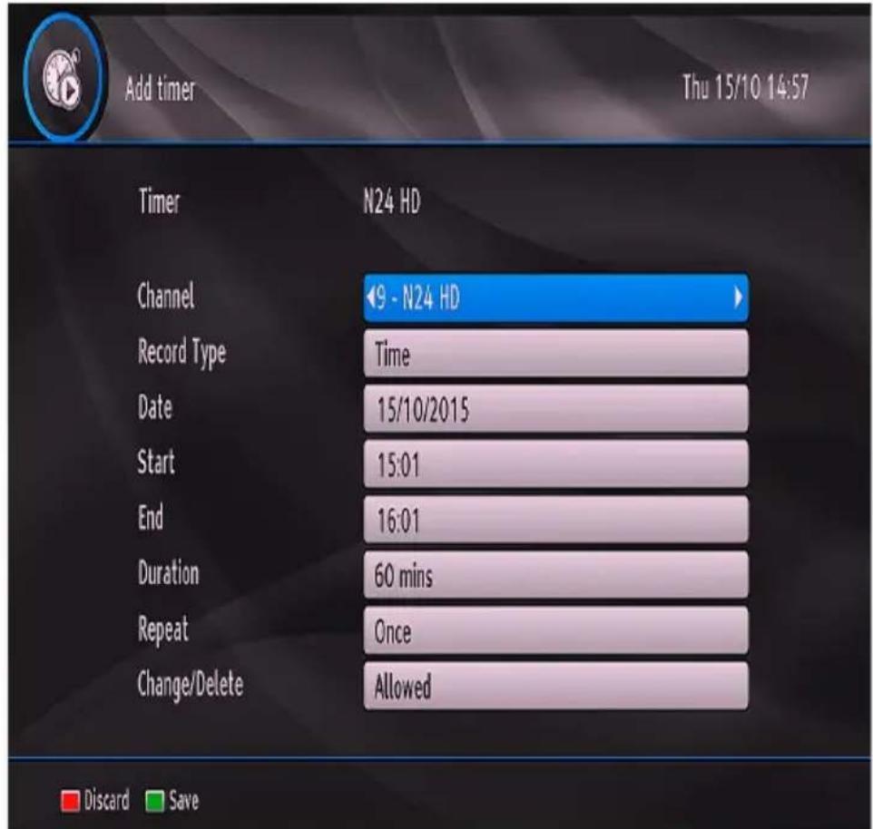 Add timer Thu 15/10 14:57 Timer N24 HD Channel ←9 - N24 HD Record Type Time Date 15/10/2015 Start 15:01 End 16:01 Duration 60 mins Repeat Once Change/Delete Allowed Discard Save