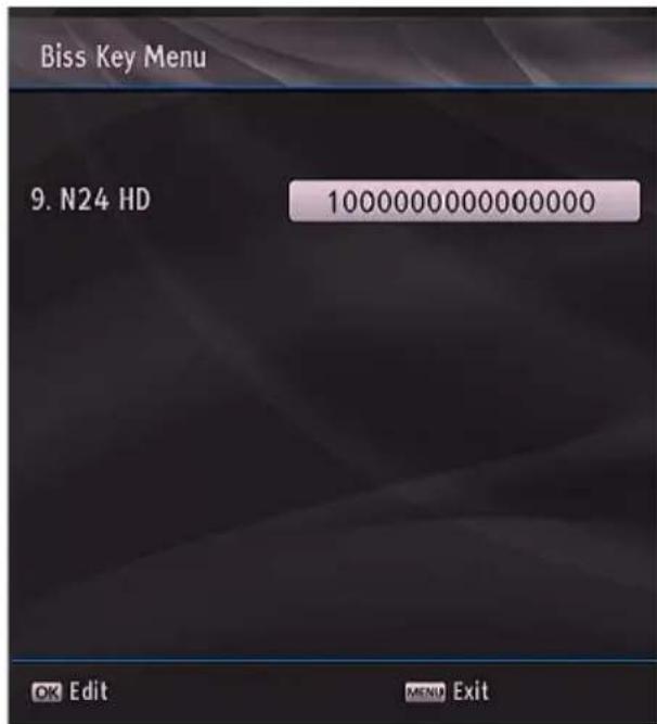 Biss Key Menu 9. N24 HD 1000000000000000 OK Edit MENU Exit