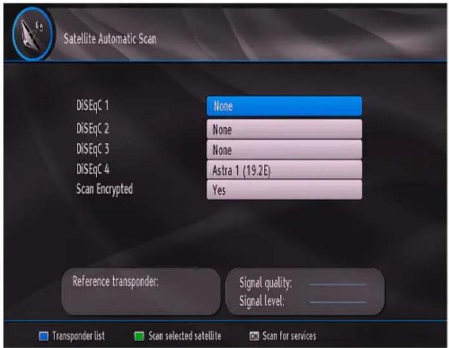 Satellite Automatic Scan DiSEqC 1 DiSEqC 2 DiSEqC 3 DiSEqC 4 Scan Encrypted None None None Astra 1 (19.2E) Yes Reference transponder: Signal quality: Signal level: Transponder list Scan selected satellite Scan for services