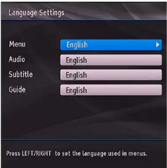 Language Settings Menu English Audio English Subtitle English Guide English Press LEFT/RIGHT to set the language used in menus.