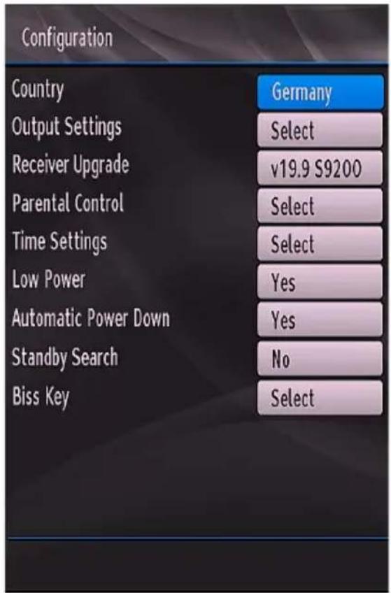 Configuration Country Output Settings Receiver Upgrade Parental Control Time Settings Low Power Automatic Power Down Standby Search Biss Key Germany Select v19.9 S9200 Select Select Yes Yes No Select