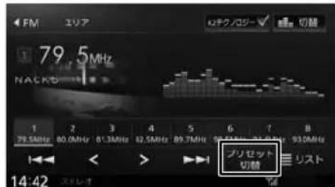 FM エリア 79.5MHz NACKD プリセット 切断 14:42 ストレート 80.0MHz 81.3MHz 82.5MHz 89.7MHz 90.0MHz 93.0MHz リスト