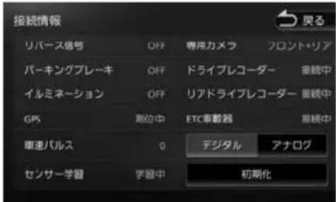 接続情報 リバース信号 OFF 専用カメラ フロント+リア パーキングブレーキ OFF ドライブレコーダー 接続中 イルミネーション OFF リアドライブレコーダー 要続中 GPS 附属中 ETC車載器 奔続中 車速パルス 0 デジタル アナログ センサー学習 学習中 初期化