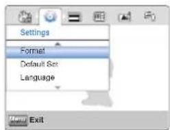 Settings Format Default Set Language Menu Exit