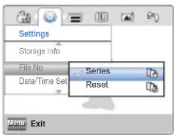 Settings Storage Info File No Data/Time Set Series Reset Menu Exit