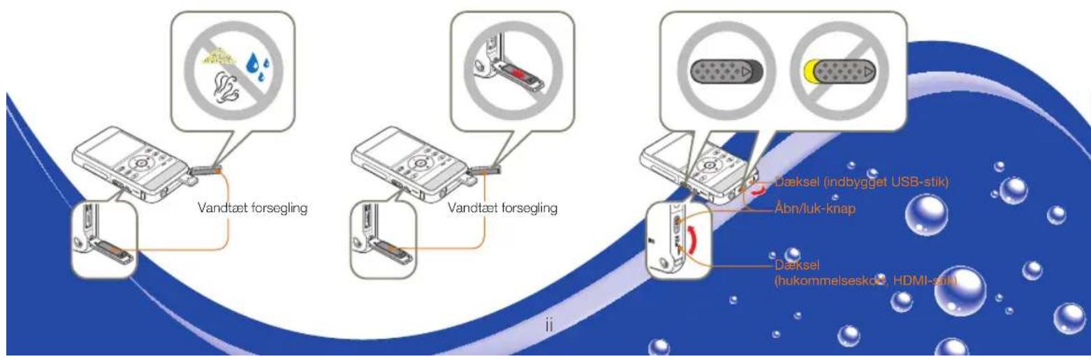 Vandtæt forsegling Vandtæt forsegling Dæksel (indbygget USB-stik) Abn/luk-knap Dæksel (hukommelsesköl, HDMI-selt)