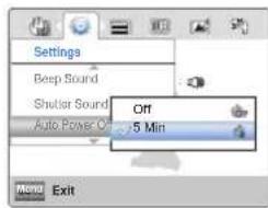 Settings Beep Sound Shutter Sound Auto Power O Off 5 Min Menu Exit