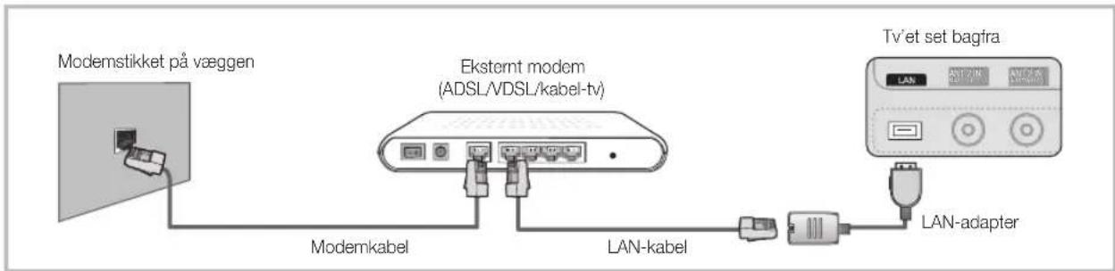 Modemstikket på væggen Eksternt modem (ADSL/VDSL/kabel-tv) Modemkabel LAN-kabel TV'et set bagfra LAN-adapter
