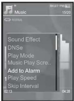 Music 15/20 Sound Effect DNSe Play Mode Music Play Scre.. Add to Alarm 1 Play Speed Skip Interval 02:13 04:28