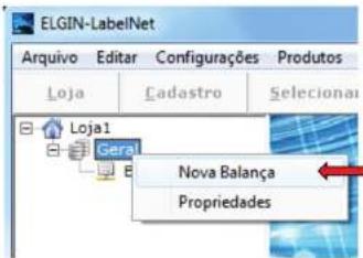 ELGIN-LabelNet Arquivo Editar Configurações Produtos Loja Cadastro Selecional Loja1 Geral Nova Balança Propriedades