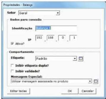 Propriedades - Balança Setor Geral Dados para conexão Identificação balarca 1 IP 192 168 0 1 Ativa? Comportamento Etiqueta: Padrão Inibir etiqueta dupla? Inibir validade? Mensagem Especial: Utilizar mensagem associada no produto Editar todas OK Cancelar