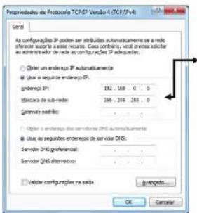 Propriétades de Protociero TCP/IP Version 4 (TCR/SV4) General As configurações IP podem ser atribuições automativamente se a rade a referente suporte a base resur. Cota contárias, voul process indicador ao administrador de rade e configurações IP adequadas. ○ Order um endereço IP automatamente ● Use o seguinte endereço IP: Endereço IP: 152, 268, 0, 5 Ífercare de sub-rais: 268, 268, 269, 0 Genways podórios: ○ Order um endereço dos servidores DNS automatamente ● Use os seguintes enderços de servidor DNS: Servidor DNS generacional: Servidor DNS alternativos: ○ Referir configurações na rade: Automado... OK Cancel