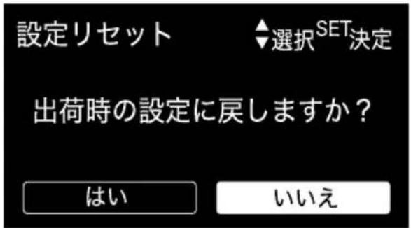 設定リセット 選択SET決定 出荷時の設定に戻しますか? はい いいえ