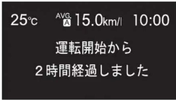 25°C AVG. 15.0km/l 10:00 運転開始から 2 時間経過しました