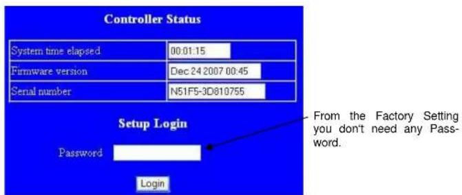 Controller Status System time elapsed 00:01:15 Firmware version Dec 24 2007 00:45 Serial number N51F5-3D810755 Setup Login Password Login From the Factory Setting you don't need any Pass- word.