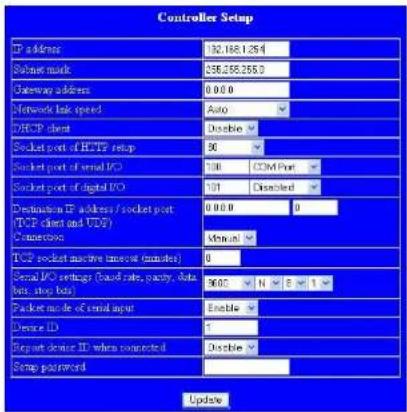 Controller Setup IP address: 182.168.1254 Socket mask: 256.256.256.0 Gateway address: 0 0 0.0 Network link speed: Auto DHCP client: Double Socket port of HCTP setup: 30 Socket port of serial I/O: 108 COM Port Socket port of digital I/O: 101 Disabled Destination IP address / socket port (TCP client and UDP) Connection: 0 0 0 0 TCP socket machine timeout (minutes) 0 Serial I/O settings (based rate, cavity, data bits, stop bits): 9600 N B S 1 Packet mode of serial input: Enable Device ID: 1 Report device ID when connected: Double Setup password: Update