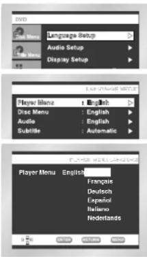 DVD Language Setup Audio Setup Display Setup Player Menu: English Disc Menu: English Audio: English Subtitle: Automatic Player Menu: English Français Deutsch Español Italiano Nederlands