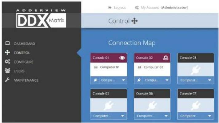 ADDerview DDX Matrix DASHBOARD CONTROL CONFIGURE USERS MAINTENANCE Log out My Account (Administrator) Control + Connection Map Console 01 Console 02 Console 03 Computer 01 Computer 02 Computer... Console 05 Console 06 Console 07 Computer... Computer... Computer...