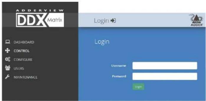 ADDREVIEW DDX Matrix Login DASHBOARD CONTROL CONFIGURE USERS MAINTENANCE Login Username Password Login ADDER