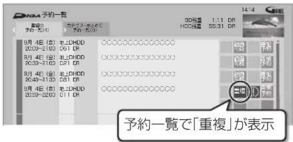 予約一覧 予約一覧(4) 9月 4日 (含) 地上DHDD 20:30~21:00 C61 CR 9月 4日 (含) 地上DHDD 20:30~21:00 C21 CR 9月 4日 (含) 地上DHDD 20:40~21:30 C81 CR 9月 4日 (含) 地上DHDD 20:50~22:00 C11 CR 3D容量 1:11 DR HDC数量 55:31 DR 予約一覧で「重複」が表示