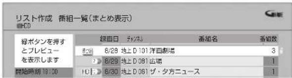 リスト作成 番組一覧(まとめ表示) 緑ボタンを押す とプレビュー を表示します 開始時刻 19:00 銘面日 ティスル 番組名 番組数 起始 8/28 地上D 101 洋面劇場 3 2 D 8/29 地上D 081 広場 1 10 D 8/30 地上D 061 ザ・夕方ニュース 1