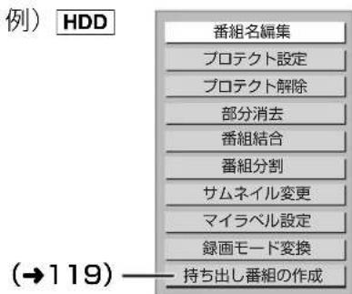 例)HDD 番組名編集 プロテクト設定 プロテクト解除 部分消去 番組結合 番組分割 サムネイル変更 マイラベル設定 録画モード変換 持ち出し番組の作成 (→119)
