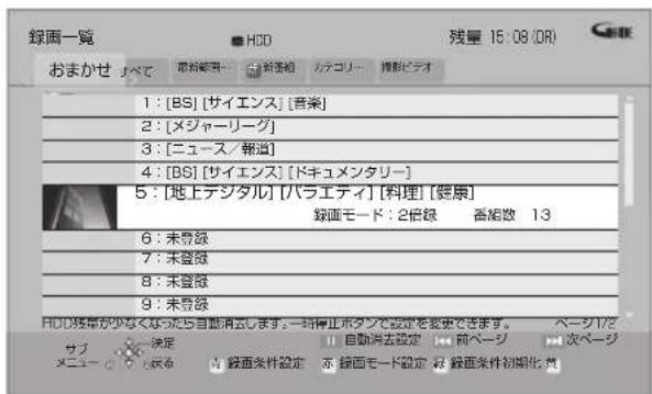 録画一覧 HDD 残量 15:08(DR) おまかせ レベ 最新編集... 前選組 ステコリー 傳新ビデオ 1 : [BS] [サイエンス] [音楽] 2 : [メジャーリーグ] 3 : [ニュース/報道] 4 : [BS] [サイエンス] [ドキュメンタリー] 5 : [地上テジタル] [パラエティ] [料理] [健康] 録画モード: 2倍録 番組数 13 6 : 未登録 7 : 未登録 8 : 未登録 9 : 未登録 HDC残量が少なくなかったら自動消去します。一旦停止ホタンで設定を変更できます。 ページ/2 サブ メニュー 決定 自動消去設定 前ページ 次ページ 録面条件設定 録面モード設定 録面条件初期化: 要