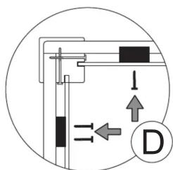 Technical diagram showing mechanical assembly with labeled components and directional arrows, including a circled 'D' marker.