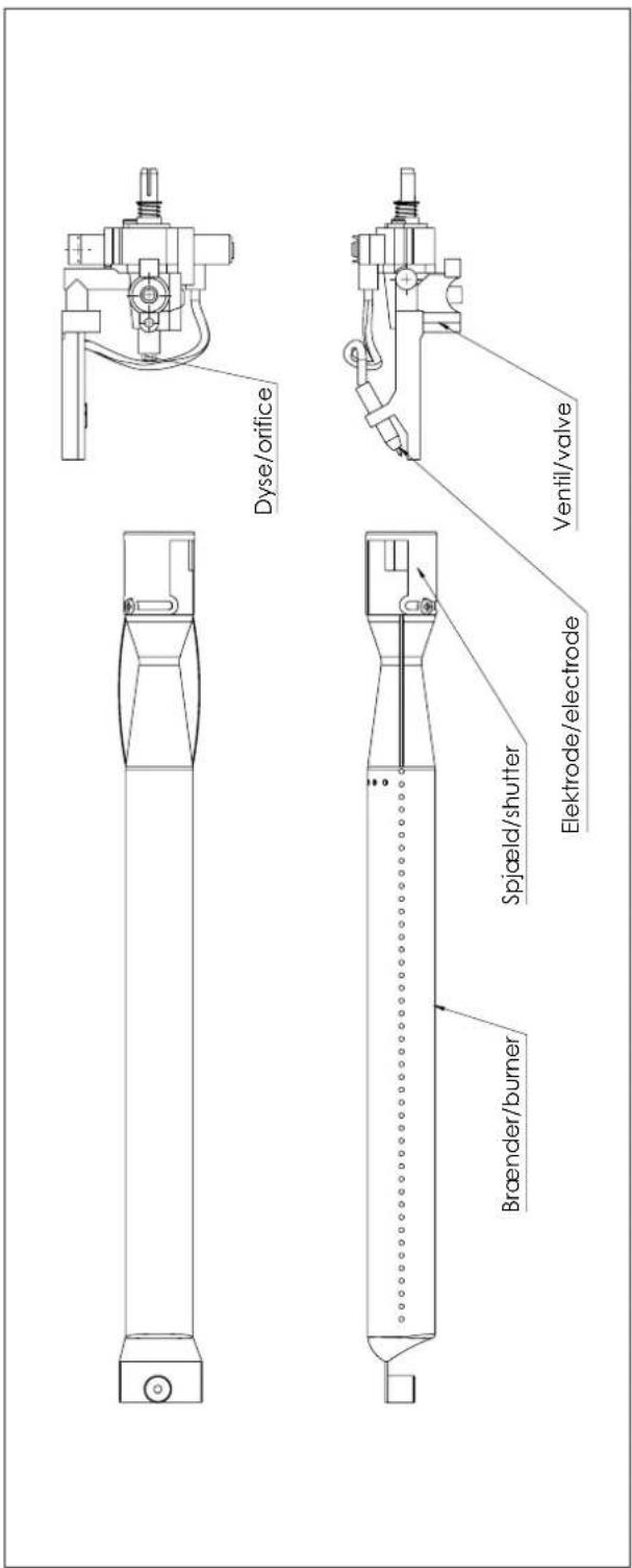 Dyse/orifice Ventil/valve Spjæld/shutter Elektrode/electrode Brænder/burner