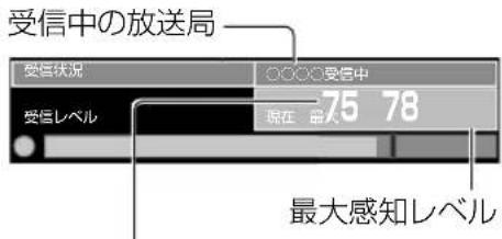 受信中の放送局 受信状況 ○○○○受信中 75 78 受信レベル 現在 壳入 最大感知レベル