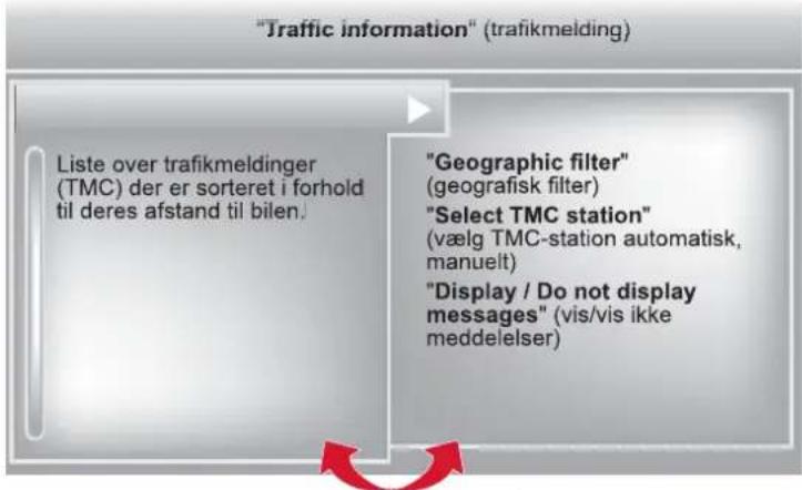 "Traffic information" (trafikmelding) Liste over trafikmeldinger (TMC) der er sorteret i forhold til deres afstand til bilen. "Geographic filter" (geografisk filter) "Select TMC station" (vælg TMC-station automatisk, manuelt) "Display / Do not display messages" (vis/vis ikke meddelelser)