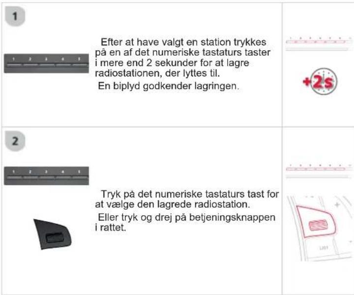 1 Efter at have valgt en station trykkes på en af det numeriske tastaturs taster i mere end 2 sekunder for at lagre radiostationen, der lyttes til. En biplyd godkender lagringen. 2 Tryk på det numeriske tastaturs tast for at vælge den lagrede radiostation. Eller tryk og drej på betjeningsknappen i rattet.