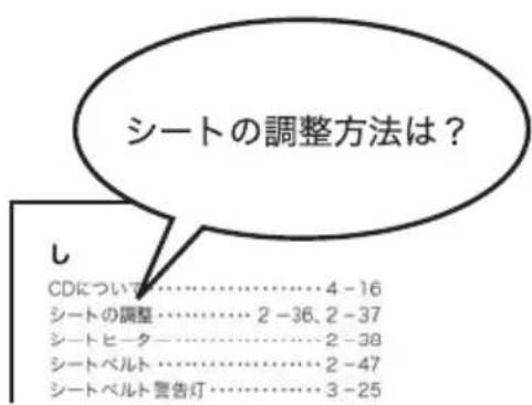 シートの調整方法は? し CDについて………4-16 シートの調整………2-36, 2-37 シートヒータ………2-38 シートベルト………2-47 シートベルト警告灯………3-25