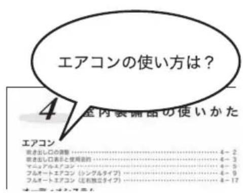 エアコンの使い方は? 4 室内装備品の使いかた エアコン 吹き出し口の調整……… 4-2 吹き出し口表示と使用目的……… 4-3 マニュアルエアコン……… 4-5 フルオートエアコン(シングルタイプ)……… 4-9 フルオートエアコン(正有独立タイプ)……… 4-17