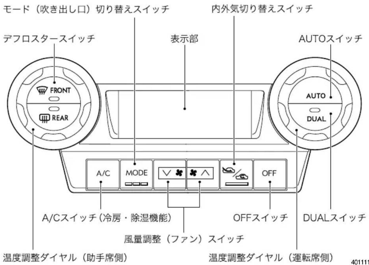 モード(吹き出し口)切り替えスイッチ 内外気切り替えスイッチ デフロスタースイッチ 表示部 AUTOスイッチ A/C MODE OFF A/Cスイッチ(冷房・除湿機能) OFFスイッチ A/Cスイッチ(冷房・除湿機能) FIK量調整(ファン)スイッチ DUALスイッチ 温度調整ダイヤル(助手席側) 温度調整ダイヤル(運転席側) 401111