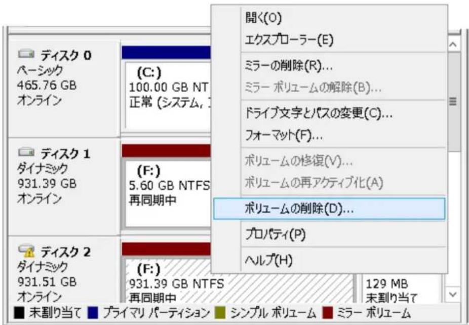 ディスク 0 パーシック 465.76 GB オンライン (C:) 100.00 GB NT 正常 (システム) 開く(O) エクスプローラー(E) ミラーの削除(R)... ミラー ポリュームの解除(B)... ドライブ文字とパスの変更(C)... フォーマット(F)... ボリュームの修復(V)... ボリュームの再アクティブ化(A) ボリュームの削除(D)... プロパティ(P) ヘルプ(H) 931.39 GB NTFS 再同期中 931.51 GB オンライン ■ 未割り当て ■ プライマリ パーティション シンプル ポリューム ■ ミラー ポリューム ■ 未割り当て
