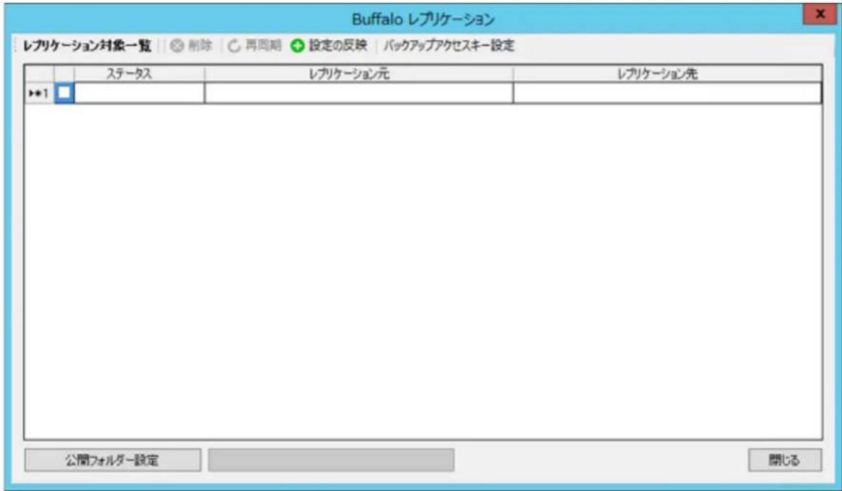 Buffalo レブリケーション レブリケーション対象一覧 | 删除 | 再周期 + 設定の反映 | パックアップアクセスキー設定 ステータス レブリケーション元 レブリケーション先 **1 公開フォルダー設定 開じる