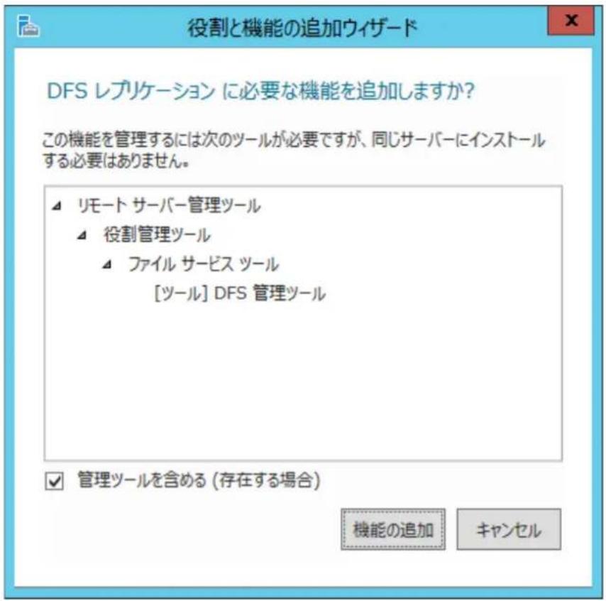 役割と機能の追加ウイザード DFS レプリケーション に必要な機能を追加しますか？ この機能を管理するには次のツールが必要ですが、同じサーバーにインストールする必要はありません。 ▲ リモート サーバー管理ツール ▲ 役割管理ツール ▲ ファイル サービス ツール [ツール] DFS 管理ツール ✓ 管理ツールを含める（存在する場合） 機能の追加 キャンセル