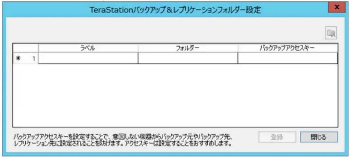 TeraStation/バックアップ&レプリケーションフォルダー設定 ラベル フォルダー パックアップアクセスキー * 1 バックアップアクセスキーを設定することで、意図しない機器からバックアップ元やバックアップ先、レプリケーション先に設定されることを防げます。アクセスキーは設定することをおすすめします。 登録 開じる