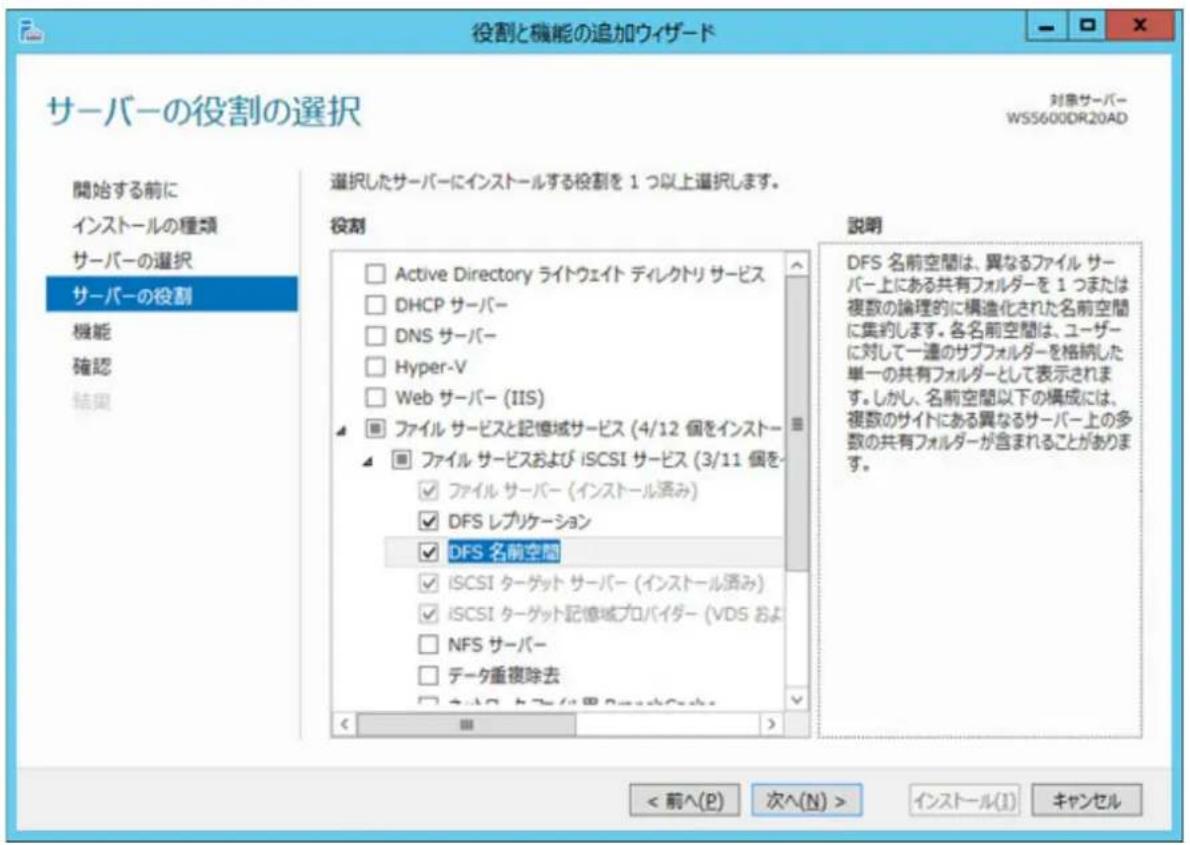 役割と機能の追加ウィザード サーバーの役割の選択 対象サーバー WS5600DR20AD 開始する前に インストールの種類 サーバーの選択 サーバーの役割 機能 確認 結果 選択したサーバーにインストールする役割を 1 つ以上選択します。 役割 Active Directory ライトウェイト ディレクトリ サービス DHCP サーバー DNS サーバー Hyper-V Web サーバー (IIS) ファイル サービスと記憶域サービス (4/12 個をインストー ファイル サービスおよび iSCSI サービス (3/11 個を ファイル サーバー (インストール済み) DFS レプリケーション DFS 名前空間 iSCSI ターゲット サーバー (インストール済み) iSCSI ターゲット記憶域プロバイダー (VDS および NFS サーバー データ重複除去 < 副い(P) 次へ(N) > インストール(I) キャンセル 説明 DFS 名前空間は、異なるファイル サーバー上にある共有フォルダーを 1 つまたは複数の論理的に構造化された名前空間に集約します。各名前空間は、ユーザーに対して一連のサブフォルダーを格納した単一の共有フォルダーとして表示されます。しかし、名前空間以下の構成には、複数のサイトにある異なるサーバー上の多数の共有フォルダーが含まれることがあります。