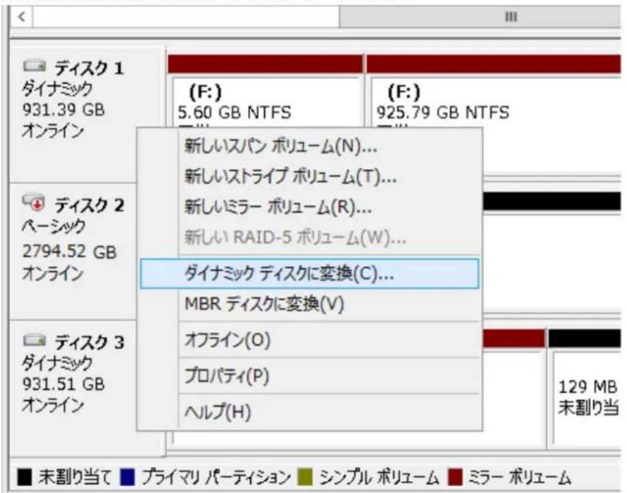 ディスク 1 ダイナミック 931.39 GB オンライン (F:) 5.60 GB NTFS 新しいスパン ポリューム(N)... 新しいストライプ ポリューム(T)... 新しいミラー ポリューム(R)... 新しい RAID-5 ポリューム(W)... ダイナミック ティスクに変換(C)... MBR ディスクに変換(V) オフライン(O) プロパティ(P) ヘルプ(H) 129 MB 未割り当で プライマリ パーティション シンプル ポリューム ミラー ポリューム