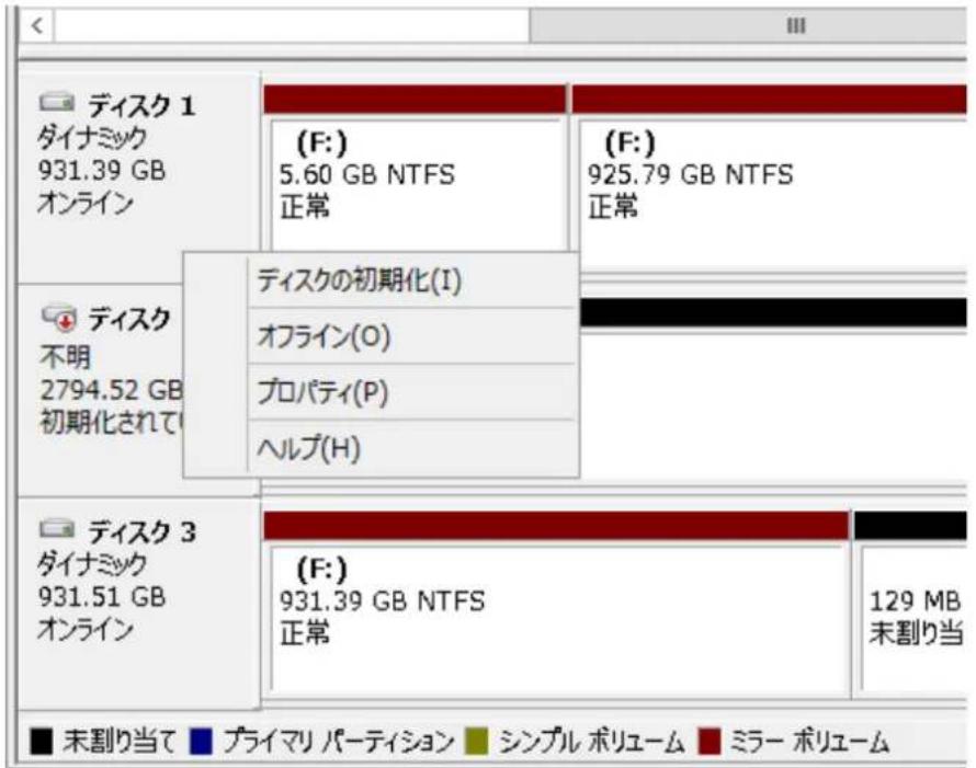 ディスク 1 ダイナミック 931.39 GB オンライン (F:) 5.60 GB NTFS 正常 (F:) 925.79 GB NTFS 正常 ディスクの初期化(I) オフライン(O) プロパティ(P) ヘルプ(H) ディスク 3 ダイナミック 931.51 GB オンライン (F:) 931.39 GB NTFS 正常 129 MB 未割り当で プライマリ パーティション シンプル ボリューム ミラー ボリューム ■ 未割り当て プライマリ パーティション シンプル ボリューム ミラー ボリューム