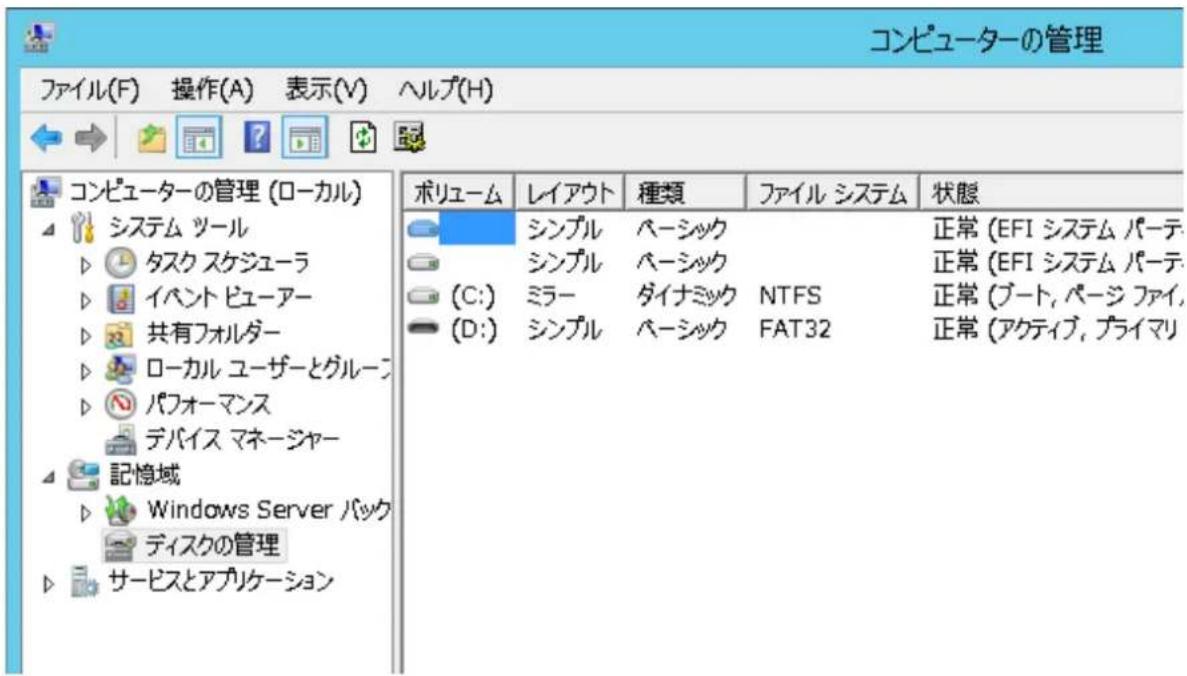 コンピューターの管理 ファイル(F) 操作(A) 表示(V) ヘルプ(H) コンピューターの管理 (ローカル) システム ツール タスク スケジューラ イベント ビューアー 共有フォルダー ローカル ユーザーとグルーフ パフォーマンス デバイス マネージャー 記憶域 Windows Server バック ディスクの管理 サービスとアプリケーション ボリューム レイアウト 種類 ファイル システム 状態 シンプル ペーシック シンプル ペーシック ミラー ダイナミック NTFS シンプル ペーシック FAT32 正常 (EFI システム パーティング) 正常 (EFI システム パーティング) 正常 (ブート, パージ ファイノ) 正常 (アクティブ, プライマリ)