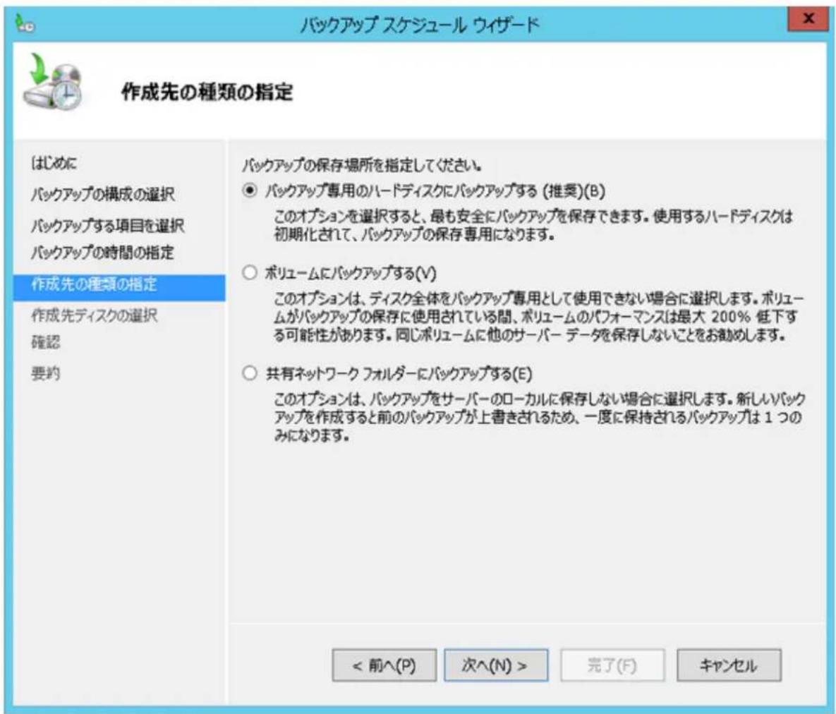 バックアップ スケジュール ウィザード 作成先の種類の指定 はじめに バックアップの構成の選択 バックアップする項目を選択 バックアップの時間の指定 作成先の種類の指定 作成先ディスクの選択 確認 要約 バックアップの保存場所を指定してください。 ● パックアップ専用のハードディスクにバックアップする (推奨)(B) このオプションを選択すると、最も安全にバックアップを保存できます。使用するハードディスクは初期化されて、バックアップの保存専用になります。 ○ ポリュームにバックアップする(V) このオプションは、ディスク全体をバックアップ専用として使用できない場合に選択します。ボリュームがバックアップの保存に使用されている間、ボリュームのパフォーマンスは最大 200% 低下する可能性があります。同じボリュームに他のサーバー データを保存しないことをお勧めします。 ○ 共有ネットワーク フォルダーにバックアップする(E) このオプションは、バックアップをサーバーのローカルに保存しない場合に選択します。新しいバックアップを作成すると前のバックアップが上書きされるため、一度に保持されるバックアップは 1 つのみになります。 < 前へ(P) 次へ(N) > 完了(F) キャンセル