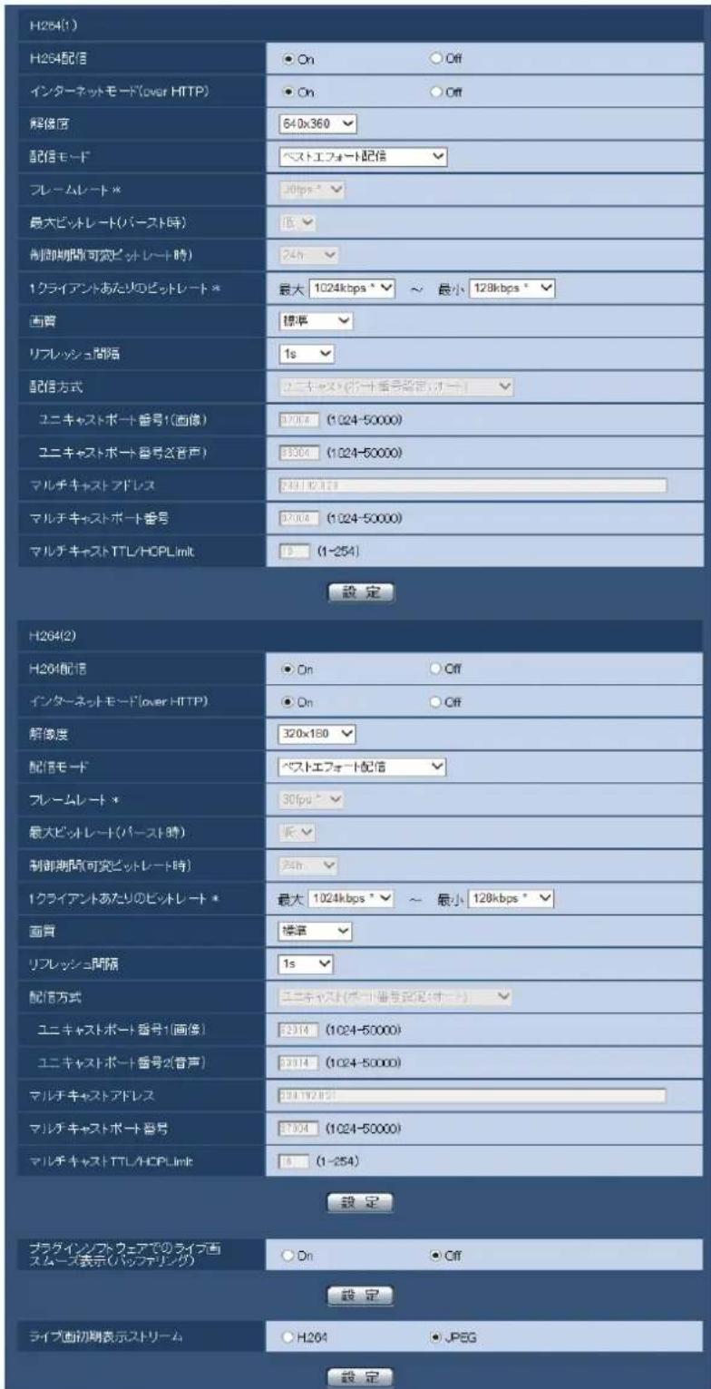 H264(1) H264配信 ○ On ○ Off インターネットモード(over HTTP) ○ On ○ Off 解音器 640x360 配信モード ベストエフォート配信 フレームレート* 30fps* 最大ビットレート(バースト時) 15 制御期間(可変ビットレート時) 24h 1クライアントあたりのビットレート* 最大 1024kbps * ~ 最小 128kbps * 画書 標準 リフレッシュ間隔 1s 配信方式 ユニキャスト(ドー+番号設定/オート) ユニキャストポート番号(画像) 17004 (1024-50000) ユニキャストポート番号(音声) 13504 (1024-50000) マルチキャスト フリレス 24112212 マルチキャストポート番号 17004 (1024-50000) マルチキャスト TTL/HCPLink 15 (1-254) 設定 H264(2) H264配信 ○ On ○ Off インターネットモード(over HTTP) ○ On ○ Off 解音器 320x180 配信モード ベストエフォート配信 フレームレート* 30fps* 最大ビットレート(バースト時) 反 制御期間(可変ビットレート時) 24h 1クライアントあたりのビットレート* 最大 1024kbps * ~ 最小 128kbps * 画書 標準 リフレッシュ間隔 1s 配信方式 ユニキャスト(ドー+番号設定/オート) ユニキャストポート番号(画像) 12914 (1024-50000) ユニキャストポート番号(音声) 13914 (1024-50000) マルチキャスト フリレス 23419282 マルチキャストポート番号 17004 (1024-50000) マルチキャスト TTL/HCPLink 15 (1-254) 設定 プラグインソフトウェアでのライブ画 スムーズ表示(パンデリング) ○ On ○ Off 設定 ライブ画初期表示ストリーム ○ H264 ● JPEG 設定