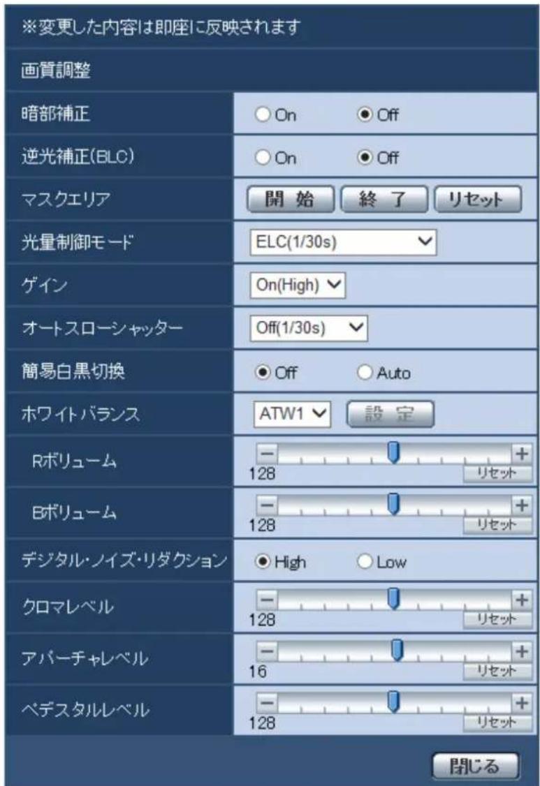 ※変更した内容は即座に反映されます 画質調整 暗部補正 ○ On ○ Off 逆光補正(ELC) ○ On ○ Off マスクエリア 開始 終了 リセット 光量制御モード ELC(1/30s) ゲイン On(High) オートスローシャッター Off(1/30s) 簡易白黒切換 ○ Off ○ Auto ホワイトバランス ATW1 設定 Rボリューム - 128 + リセット Bボリューム - 128 + リセット デジタル・ノイズ・リダクション ○ High ○ Low クロマレベル - 128 + リセット アバーチャレベル - 16 + リセット ベデスタルレベル - 128 + リセット 閉じる